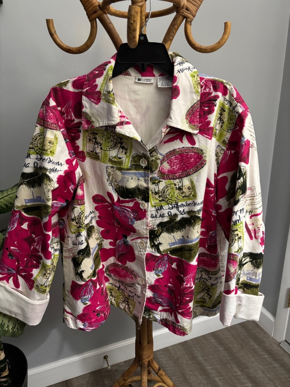 Printed Button-Down Shirt Jacket in White and Fuchsia